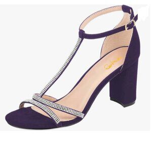 XYD Eggplant Block Heel Rhinestones Open Toe Crystal High Heels T-Strap Sandals